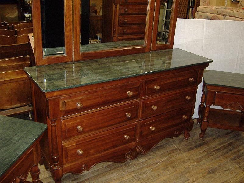 DSCF0815.JPG - Pulaski Furniture Company - Cherry Bedroom Set w/ Green Marble Tops - 2 Nightstands, Dresser w/ Mirror, Chest-of-Drawers, King Sized Headboard and Footboard